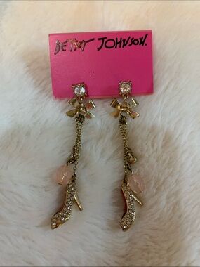 Betsey Johnson Gold Bow & Pink Crystal High-Heel Dangle Earrings